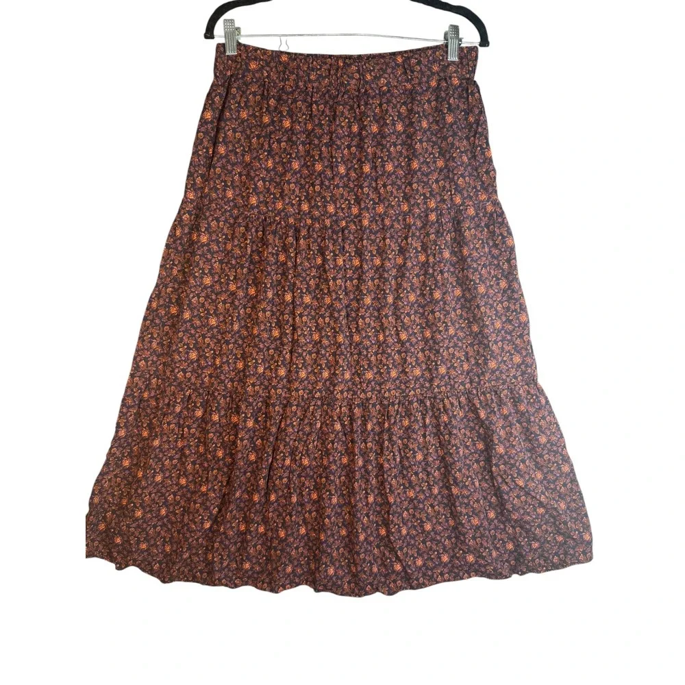 Madewell Womens Tiered Midi Skirt Dark Floral Elastic Waist Brown Orange‎ Size M